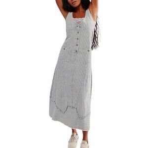 Free People Bendita Railroad Striped Denim Skirtall Midi Dress Overalls | Size M
